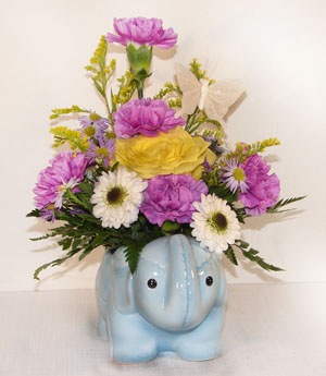 New Baby Flower Arrangement in Blue Elephant Vase