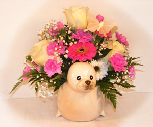 New Baby Flower Arrangement in Baby Seal Vase